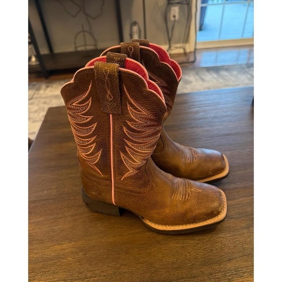 Ariat Other - Ariat Western Leather Boots Cowgirl Box Toe Pink Accents Size 12 Girls
